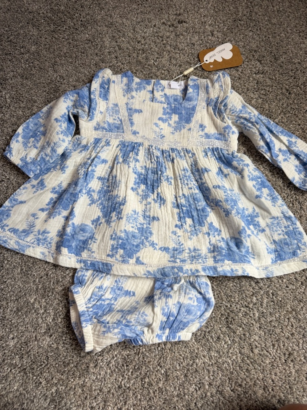 Angel Dear NWT 6-12 mo. Soft Cotton Blue floral Dress w/ diaper cover